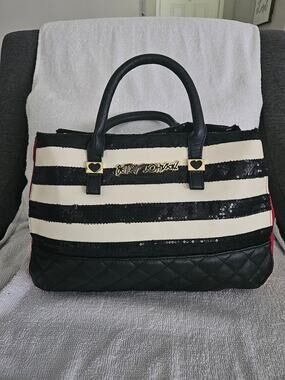Betsey Johnson Striped Sequin and Leather Tote Bag